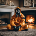 man in hazmat suit sitting in front of a fireplace